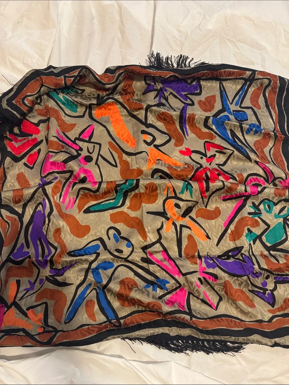 Flora Kung 100% silk Fringed Multicolor Abstract Scarf - new with tags (vintage)